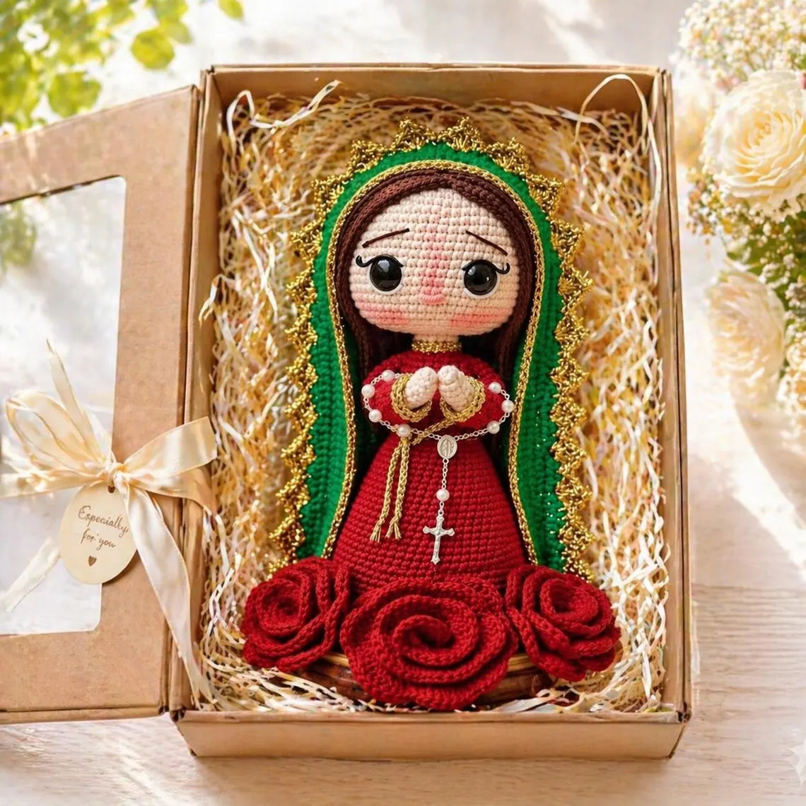 Hand-Crocheted Virgen de Guadalupe Doll | Red Green Altar Decor, Amigurumi Mother Mary