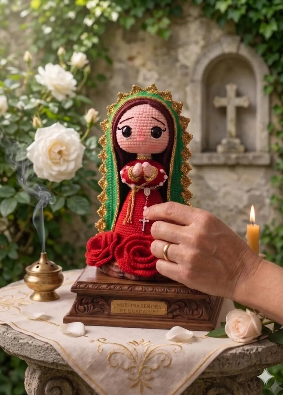 Hand-Crocheted Virgen de Guadalupe Doll | Red Green Altar Decor, Amigurumi Mother Mary
