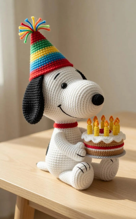 Snoopy Birthday Crochet Doll, Snoopy Amigurumi Plush with Cake, Cute Handmade Birthday Gift, Kawaii Dog Doll, Gift for Her Him