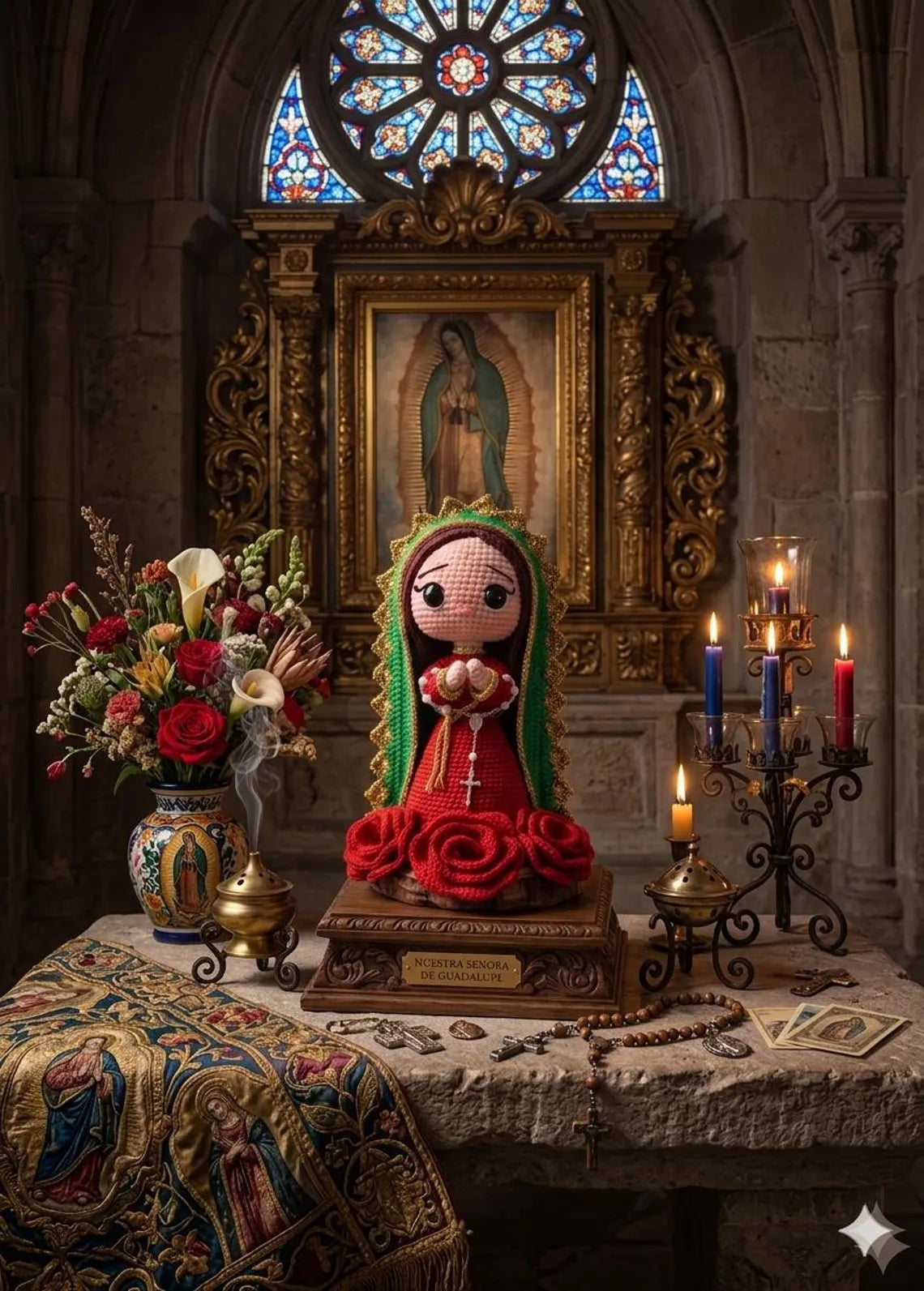 Hand-Crocheted Virgen de Guadalupe Doll | Red Green Altar Decor, Amigurumi Mother Mary