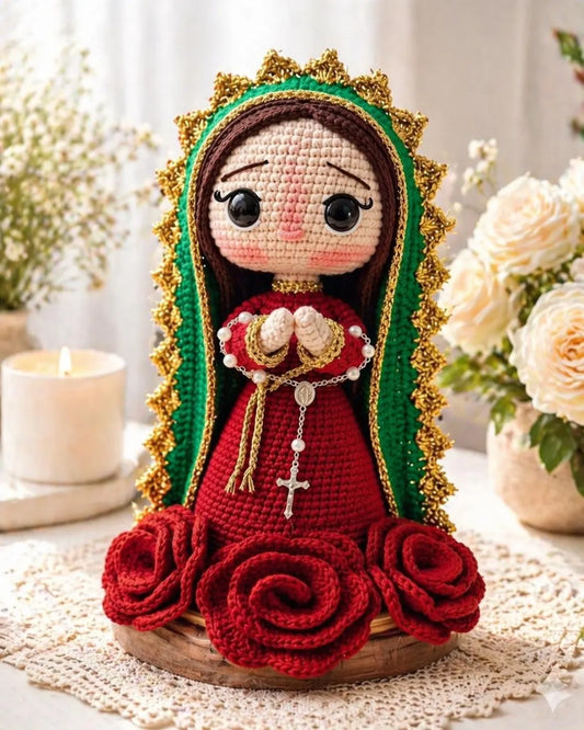 Hand-Crocheted Virgen de Guadalupe Doll | Red Green Altar Decor, Amigurumi Mother Mary