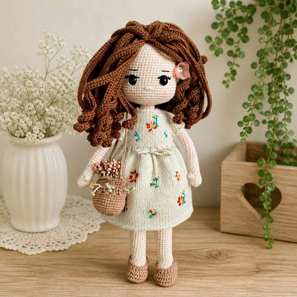 Handmade Crochet Amigurumi Doll with Floral Dress