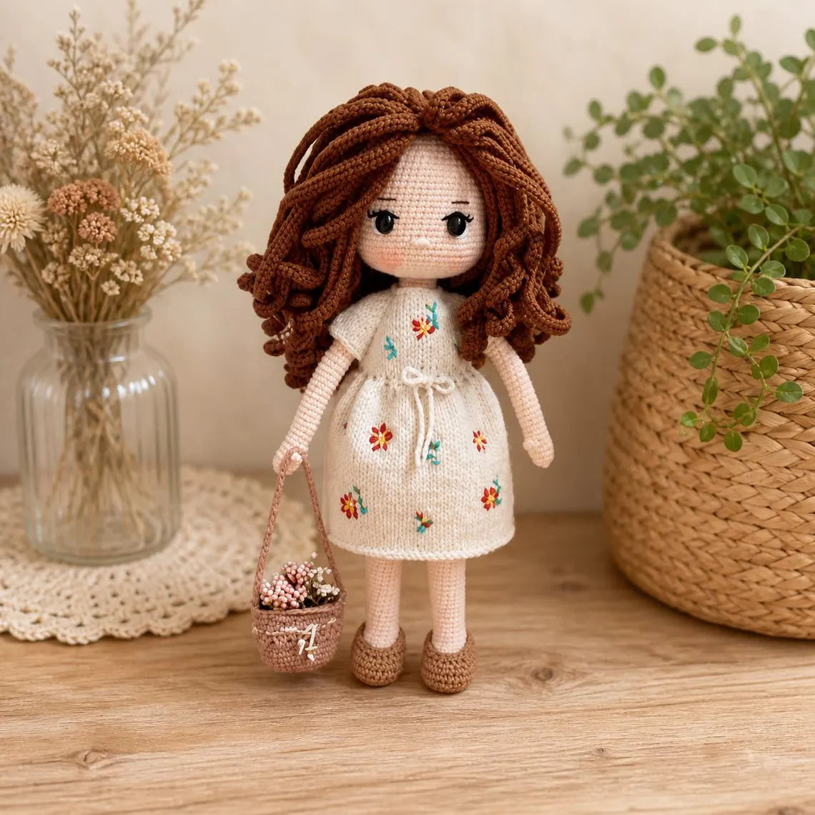 Handmade Crochet Amigurumi Doll with Floral Dress